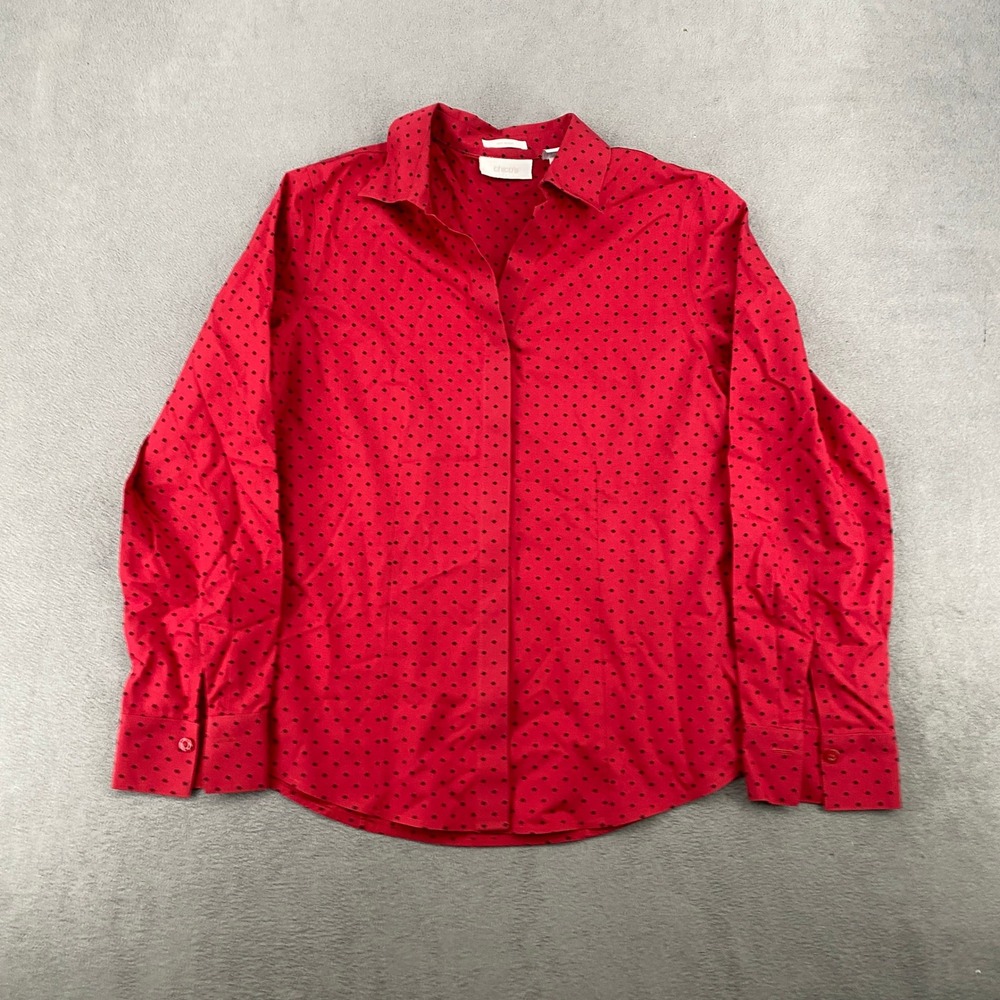 Chicos No-Iron Red Black Diamond Polka Dot Button Down Shirt Blouse Size 0 S